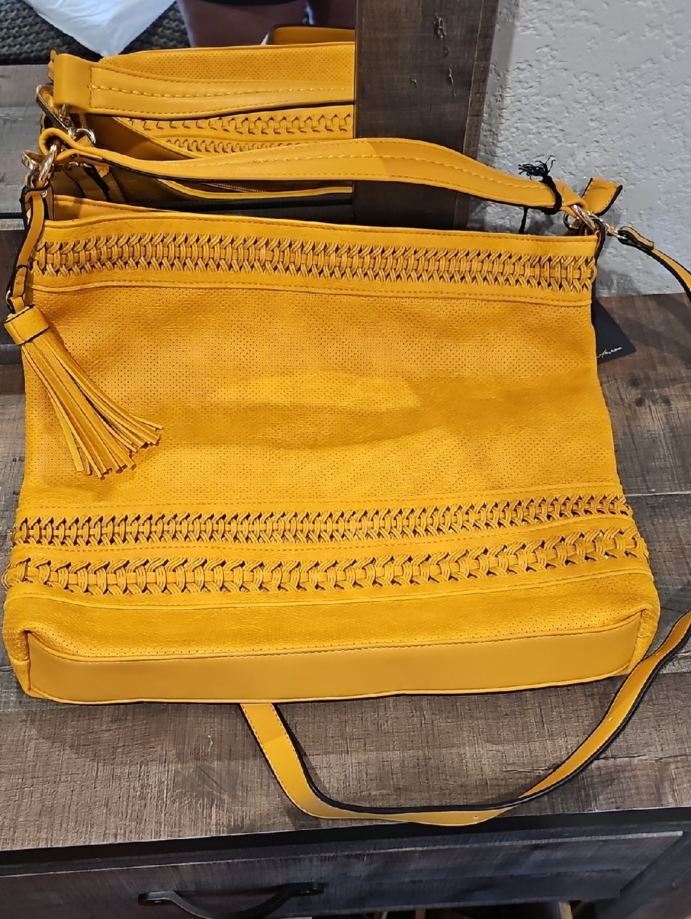 Moda Luxe Mustard Yellow Woven Tassel Shoulder Bag